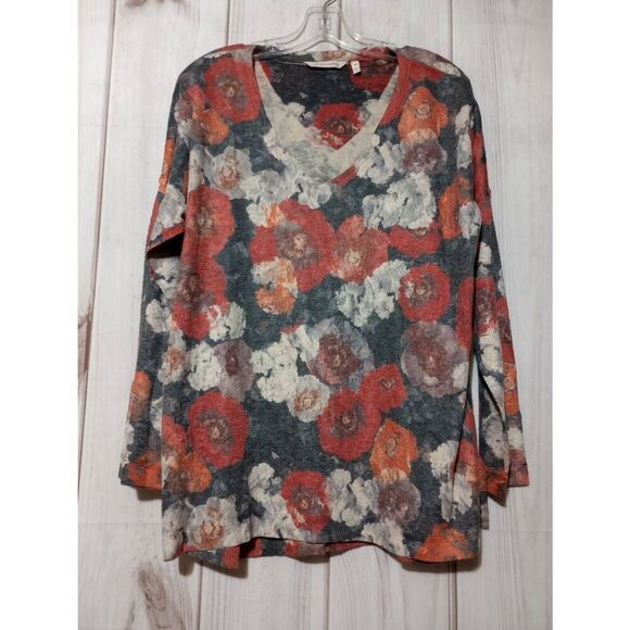 Soft Surroundings Sweater Ladies Medium Gray Red Floral Light Weight VNeck - Picture 1 of 7